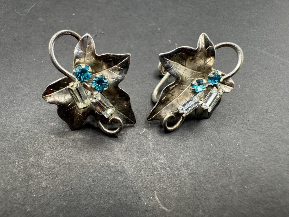 Vtg Carl Art CA Sterling Silver Clear & Blue Rhinestone Leaf Screw Back Earrings